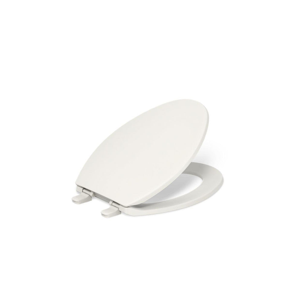 KOHLER Brevia slow-close seat in biscuit prevents slamming.