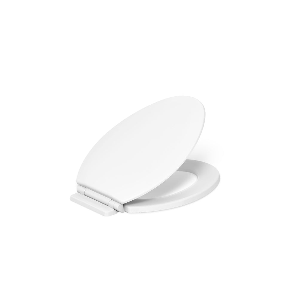 Kohler Broadwood Quiet-Close seat and lid offer quiet closing for a calmer bathroom.