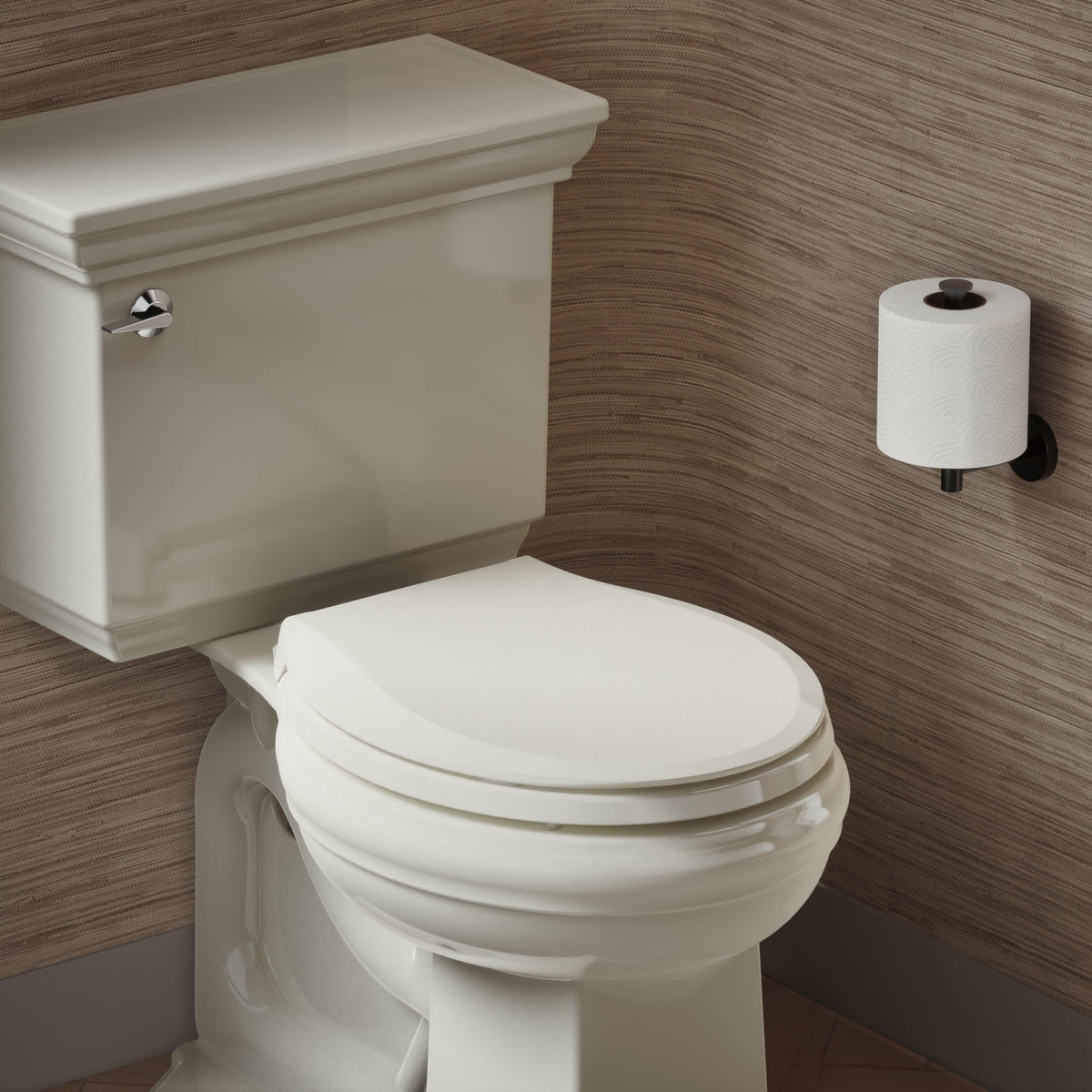 Kohler Cachet ReadyLatch almond installation focus demonstrates above-bowl mounting without reaching under the rim