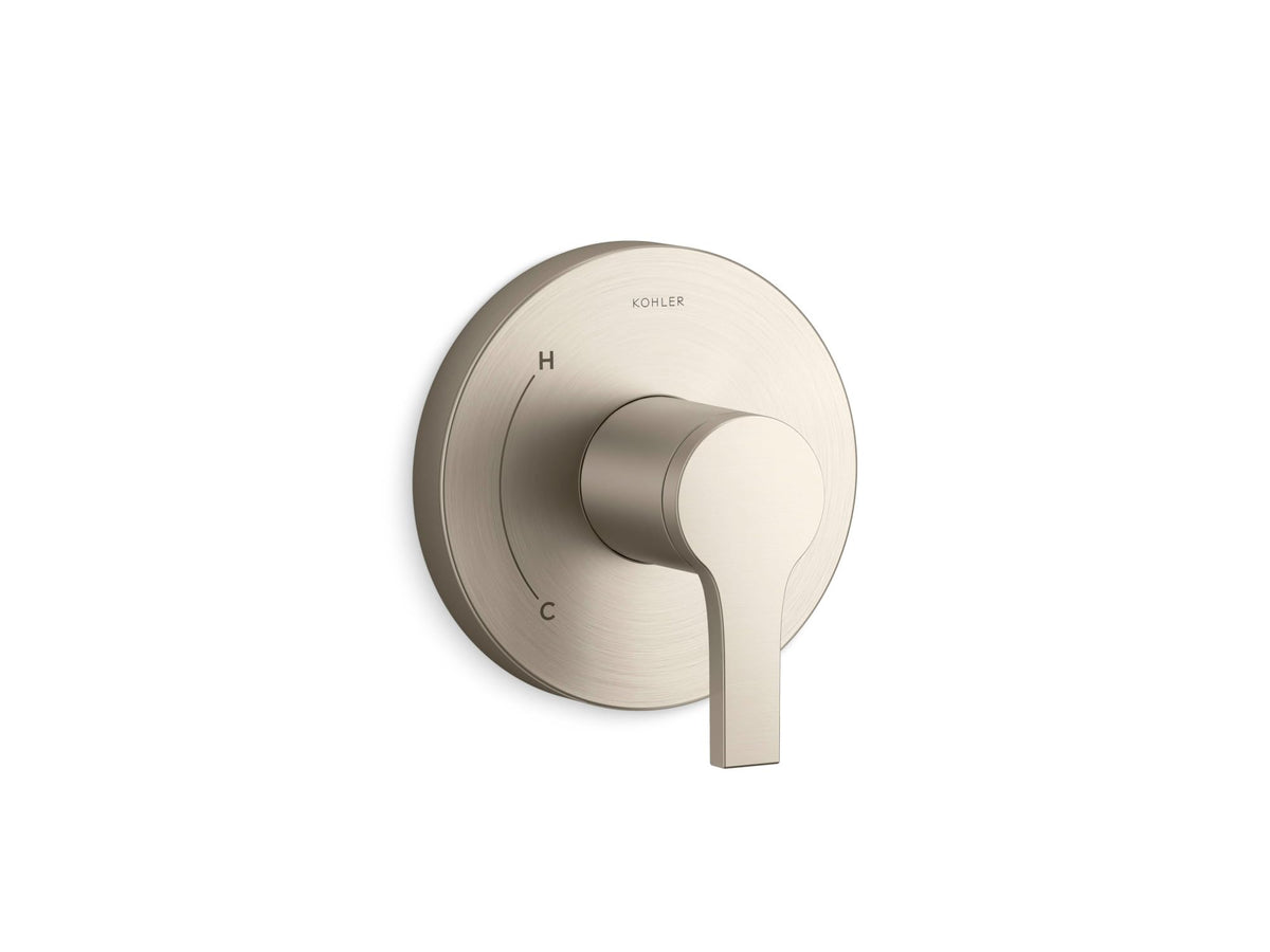 Kohler Elate valve trim in brushed nickel, front view showing clean lines and antiscald safety