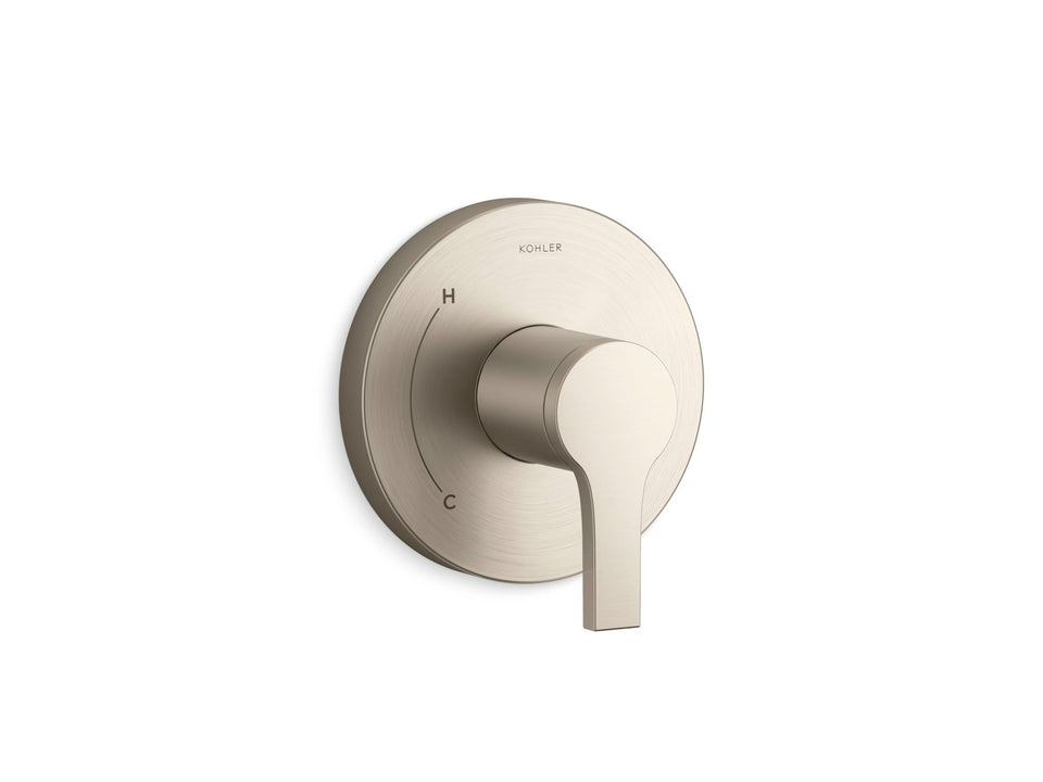 Kohler Elate valve trim in brushed nickel, front view showing clean lines and antiscald safety