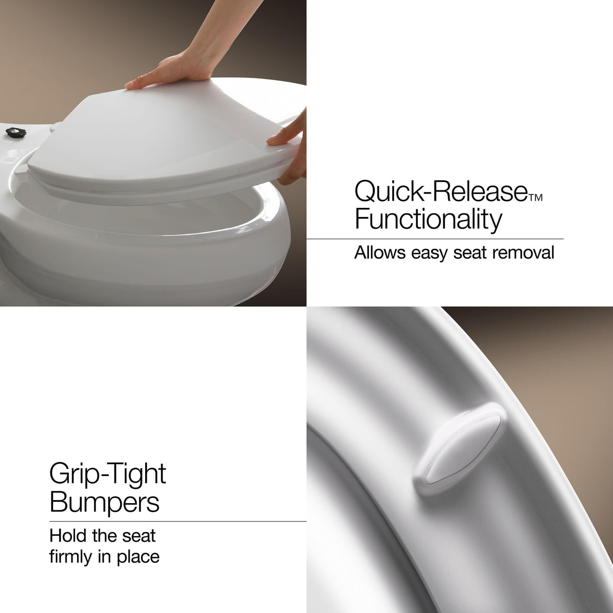 Kohler Impro Color-matched hinges blend with the white finish.