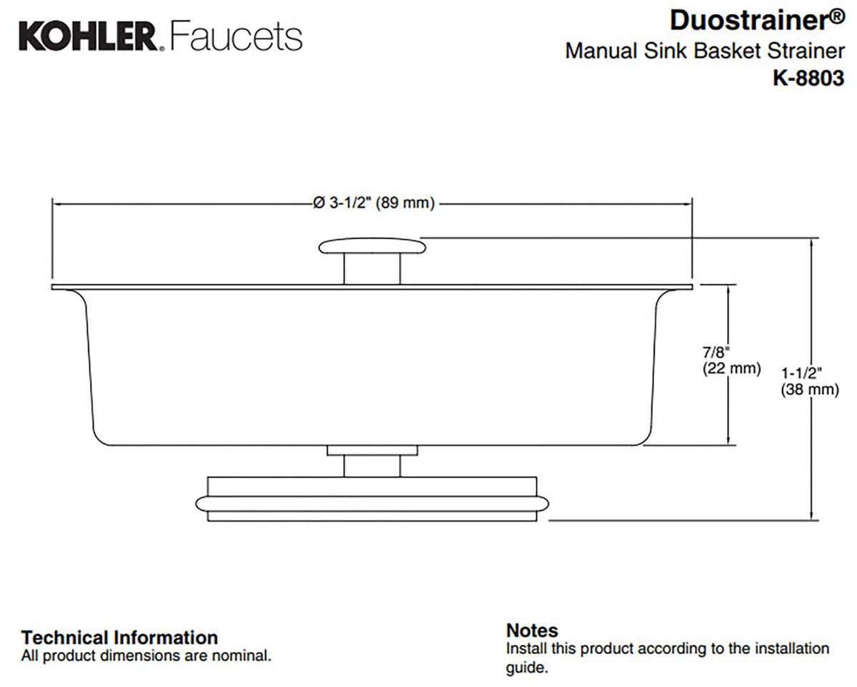 Close-up of 3-1/2 to 4 inch outlet compatibility on KOHLER duostrainer