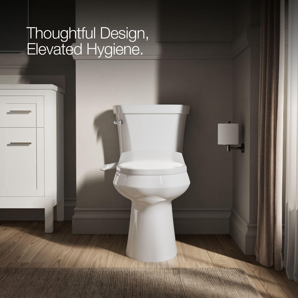 Kohler PureWash M250 quiet-close elongated seat reduces slamming noise.