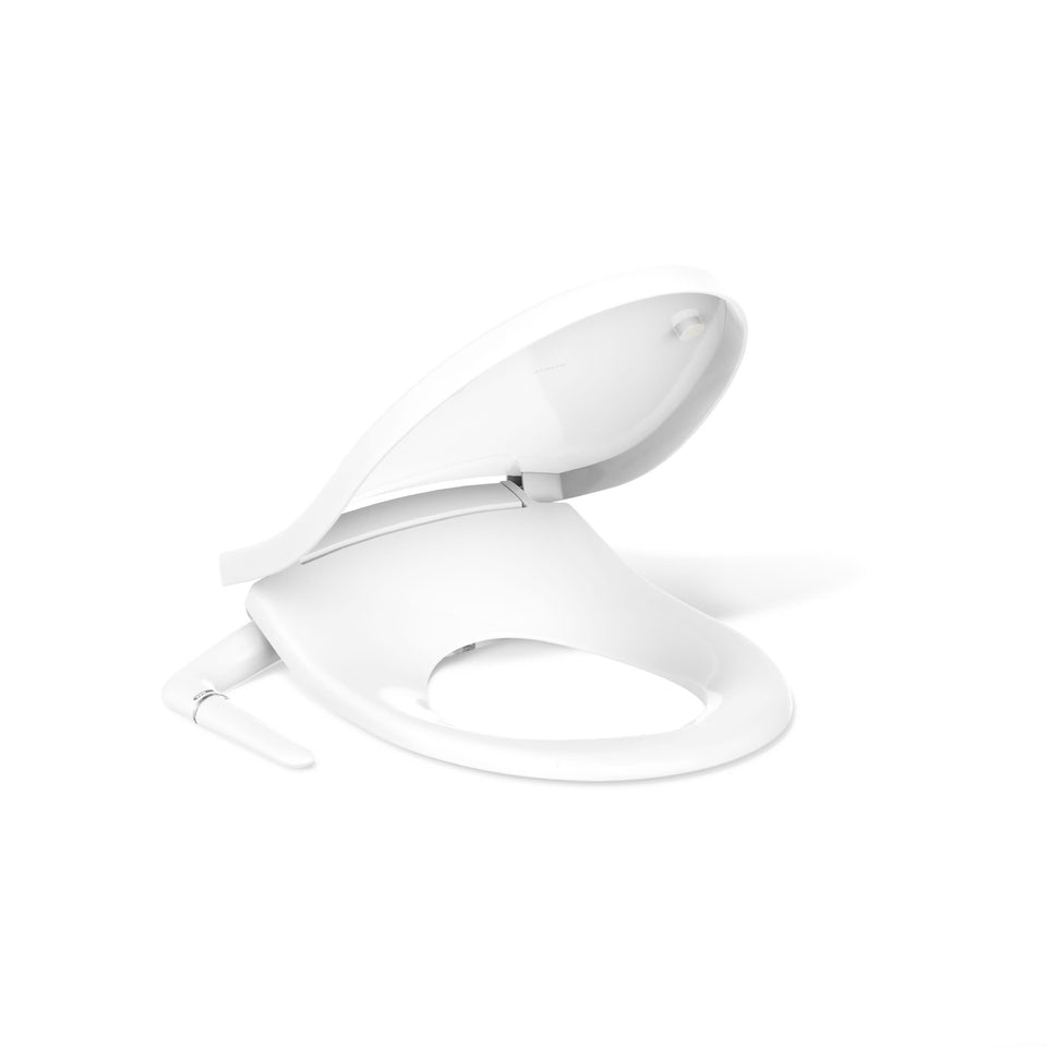Kohler PureWash M250 round bidet seat with quiet-close lid for peaceful, slam-free operation.