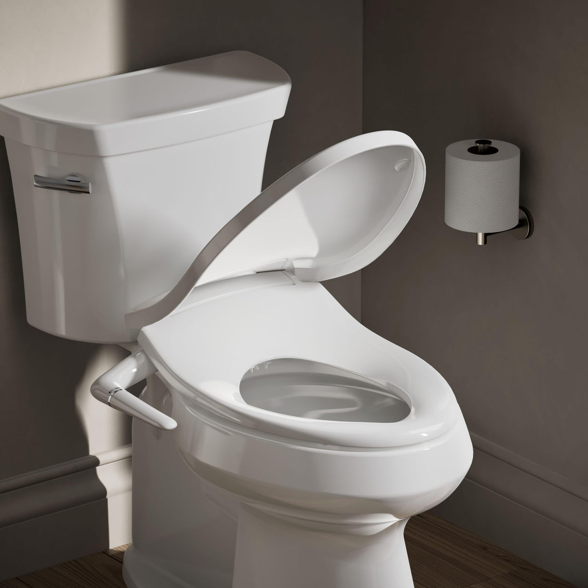 Kohler PureWash M250 bidet seat side-handle spray adjustment for personalized cleansing.