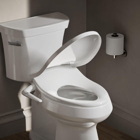 Kohler PureWash M250 bidet seat side-handle spray adjustment for personalized cleansing.