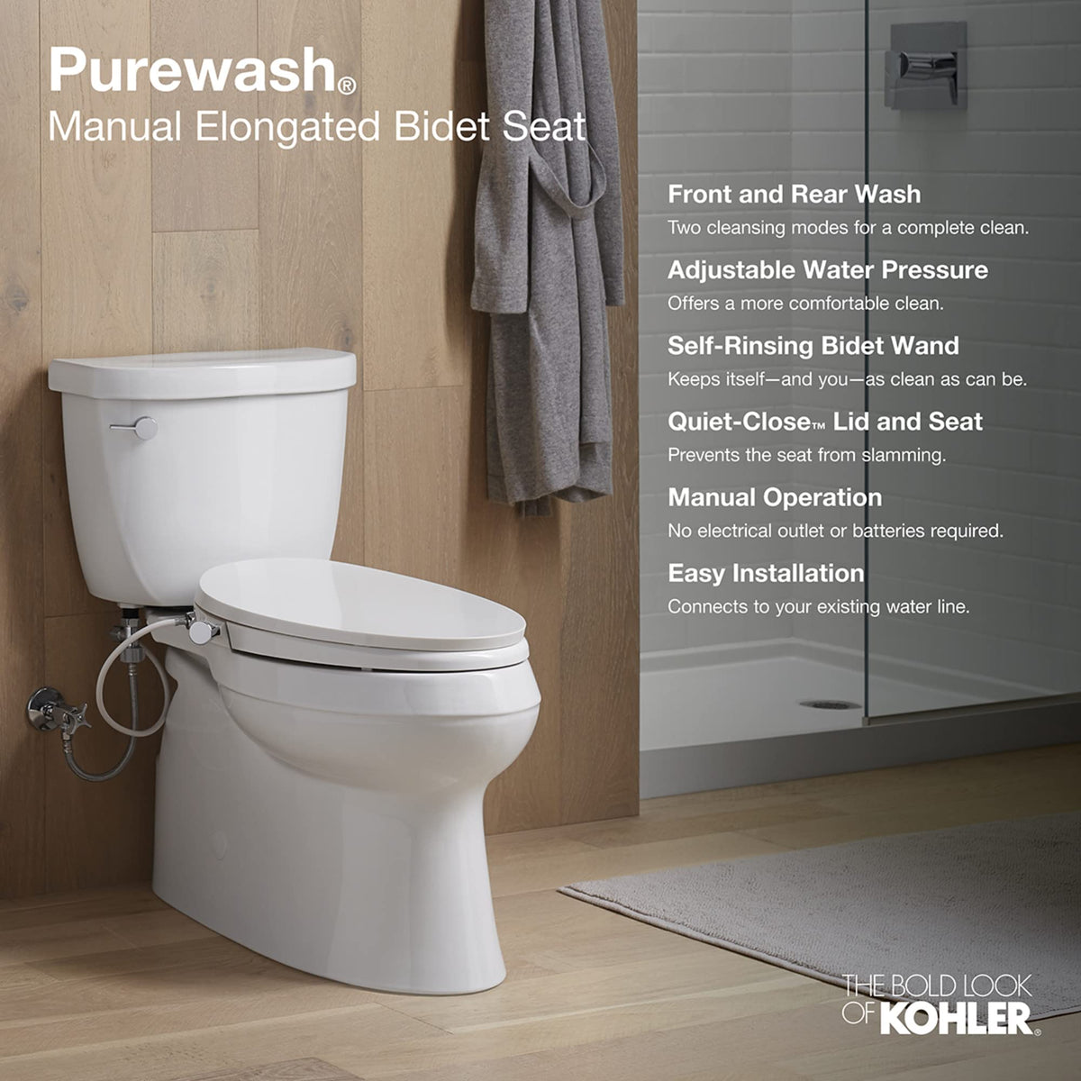 Kohler PureWash M300 dual spray wand enables front and rear cleansing.