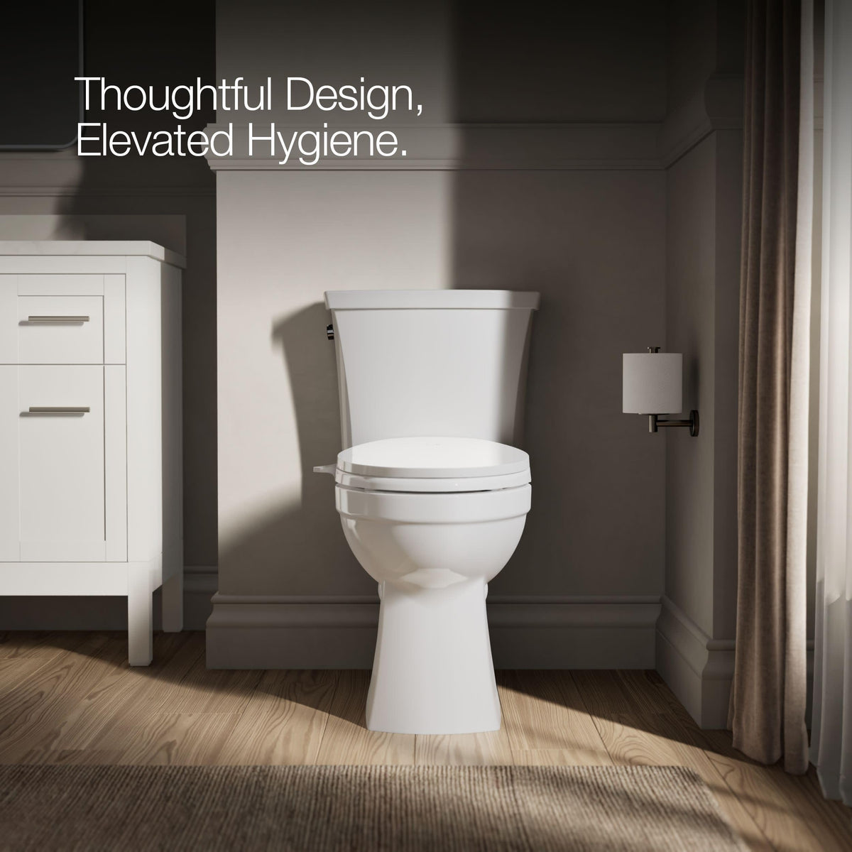 Kohler PureWash M300 quiet-close lid reduces slamming for quiet mornings