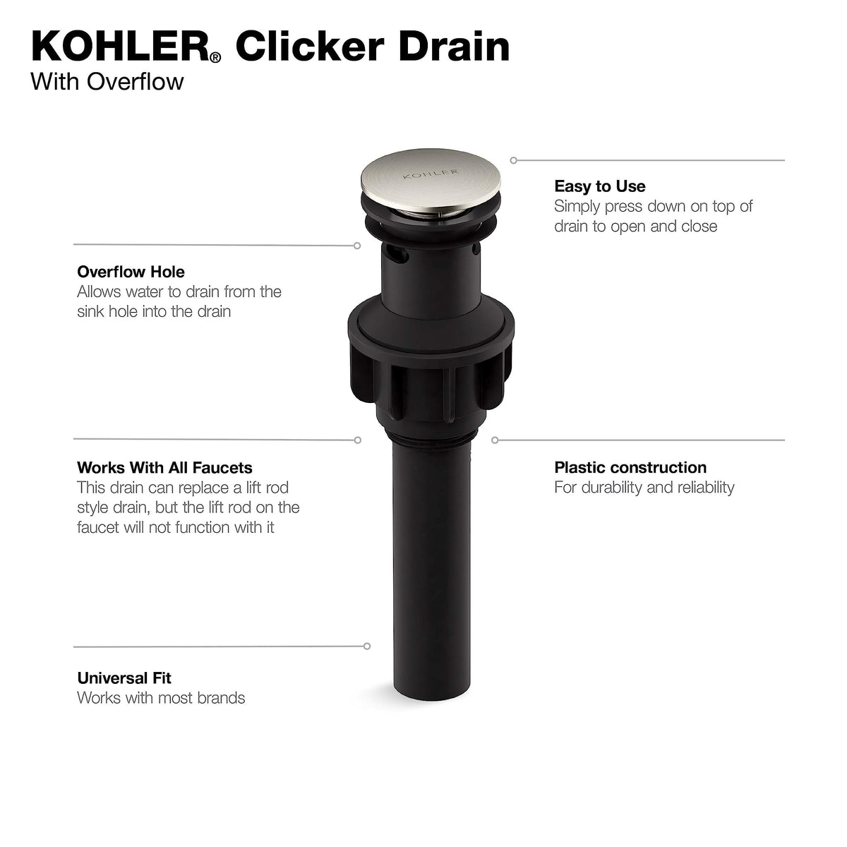 Kohler RH1274364-BN overflow clicker demonstrates seamless operation and easy maintenance in brushed nickel.