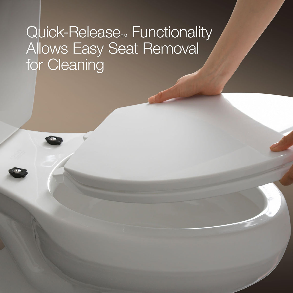 KOHLER Ridgewood elongated-toilet fit shown on a standard two-piece toilet.