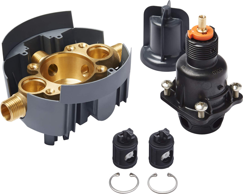 KOHLER Rite-Temp valve body shown for anti-scald protection and reliable shower flow.