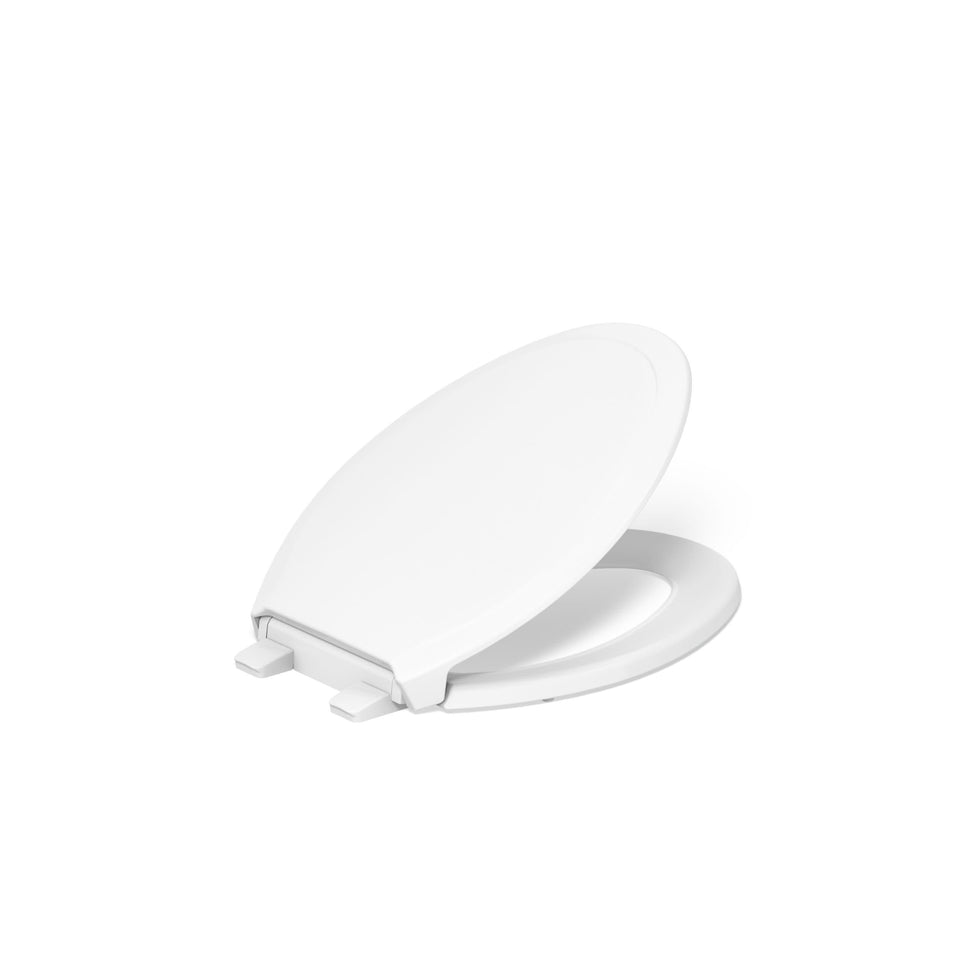 KOHLER Rutledge readylatch elongated-seat shown for easy above-bowl installation and secure fit.