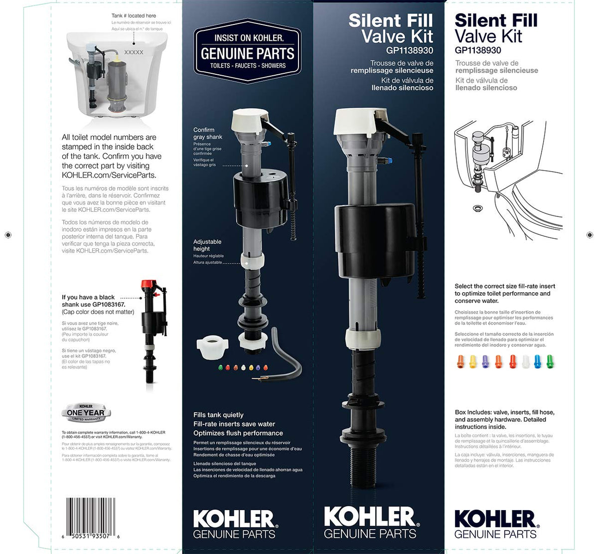 KOHLER Silent Fill Valve Kit internal assembly shows adjustable inserts for water savings.
