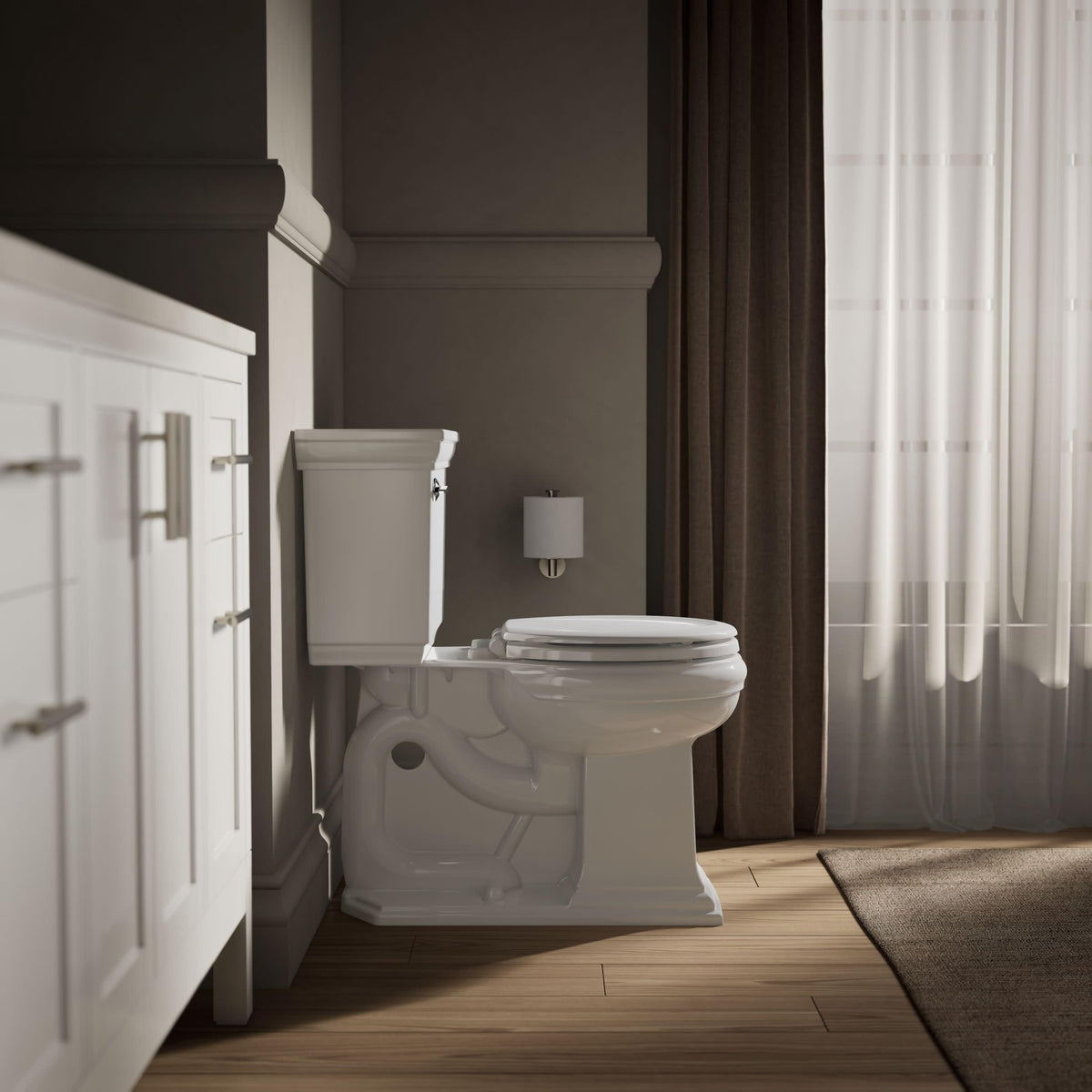 KOHLER Stonewood color-matched hinges blend seamlessly with white finish and decor.