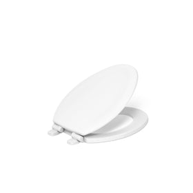 Kohler Stonewood quiet-close elongated seat, side view, demonstrating soft close action.
