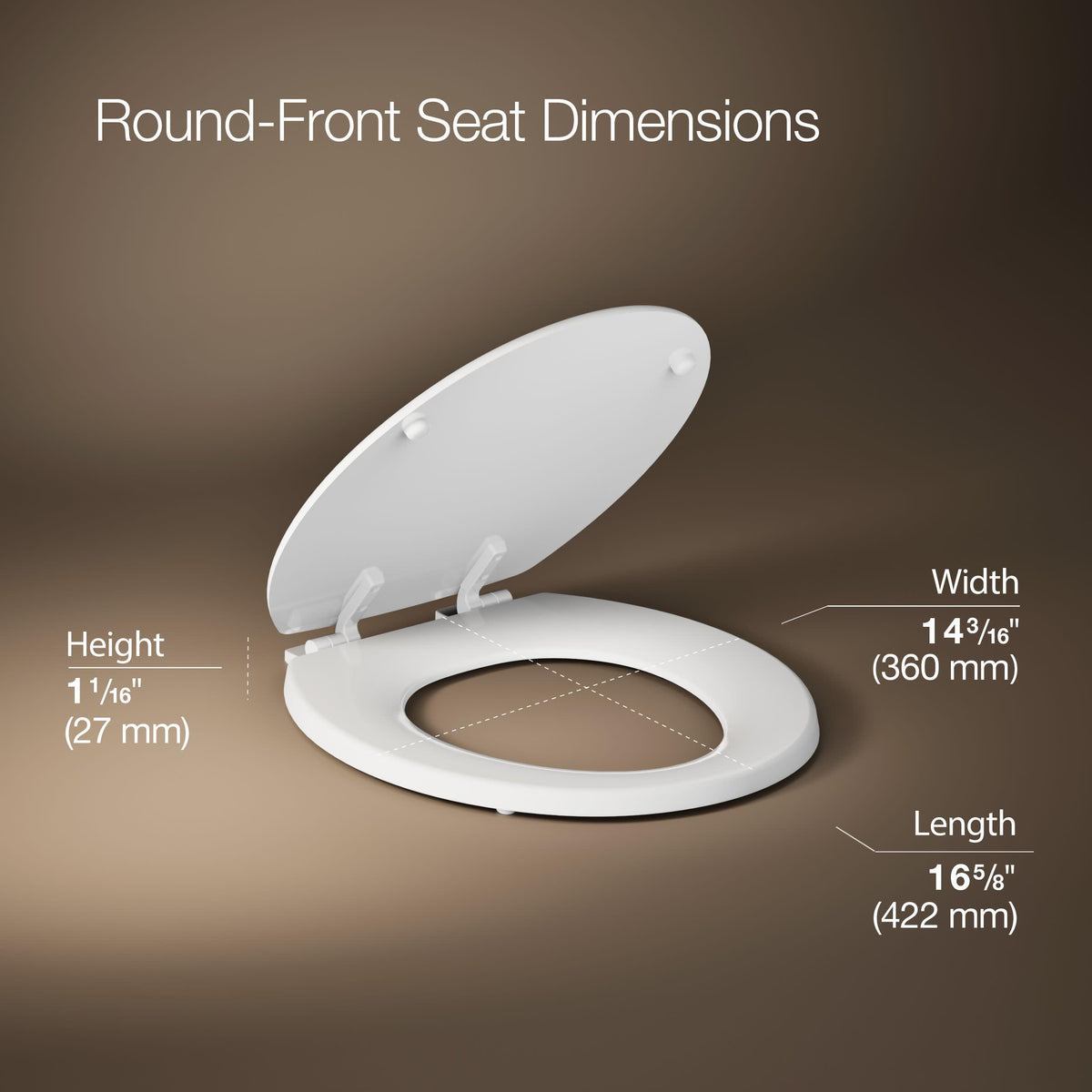 KOHLER Stonewood round-seat with color-matched hinges for a seamless look.