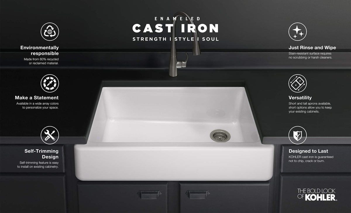 Kohler Whitehaven bottom basin rack inside sink helps keep dishes organized and protected