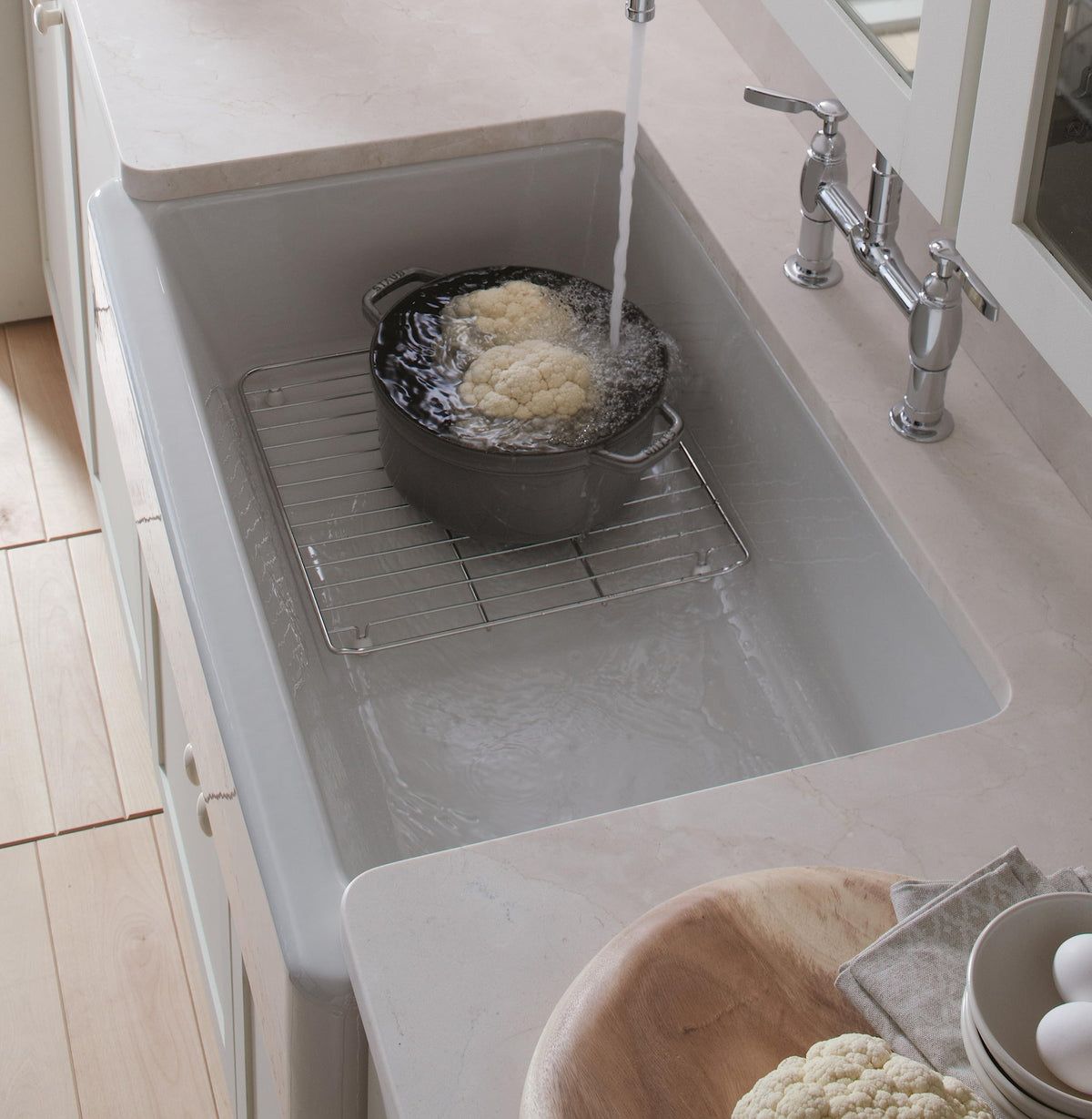 Kohler Whitehaven stainless rack emphasizes durable accessory for 36-inch sink setup
