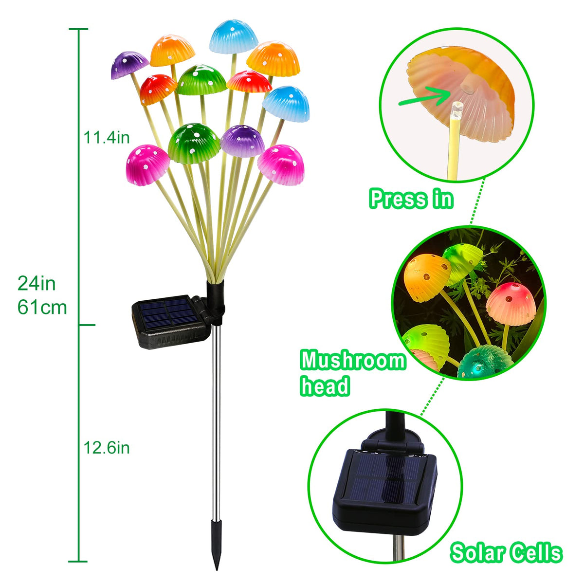 Kohlrabi mushroom lights nestled among flower beds add whimsical charm and visibility.