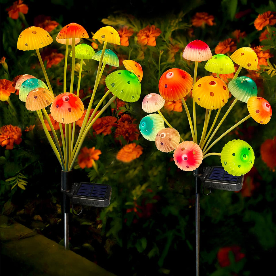 Kohlrabi solar mushroom lights outdoor pack 2 decorating the front yard with welcoming glow.