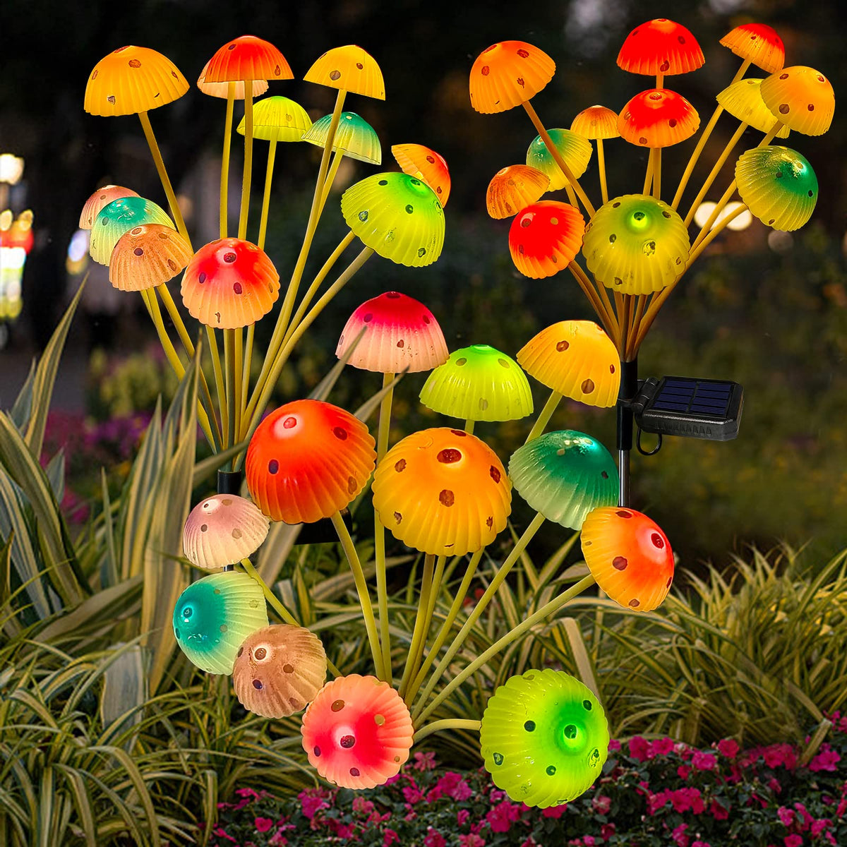 Kohlrabi solar mushroom lights along a pathway illuminate the garden at dusk.