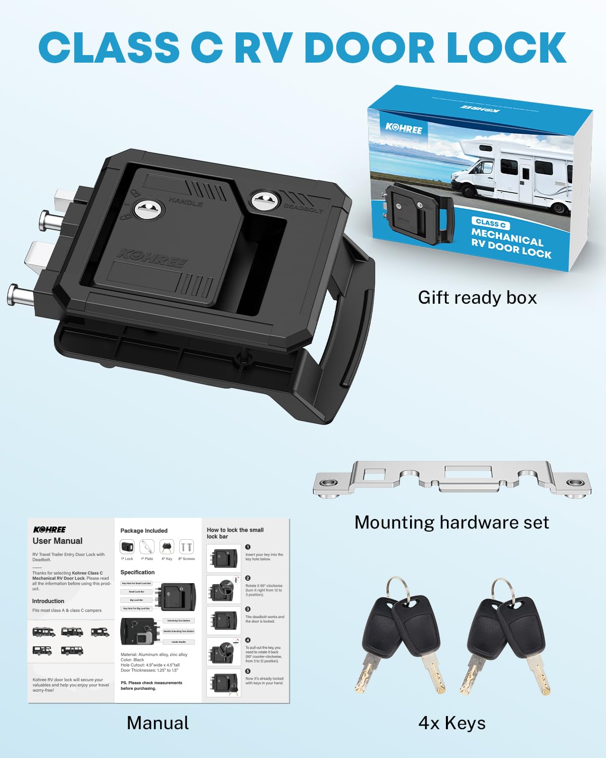 Kohree Class C door lock installation guide illustrating simple setup
