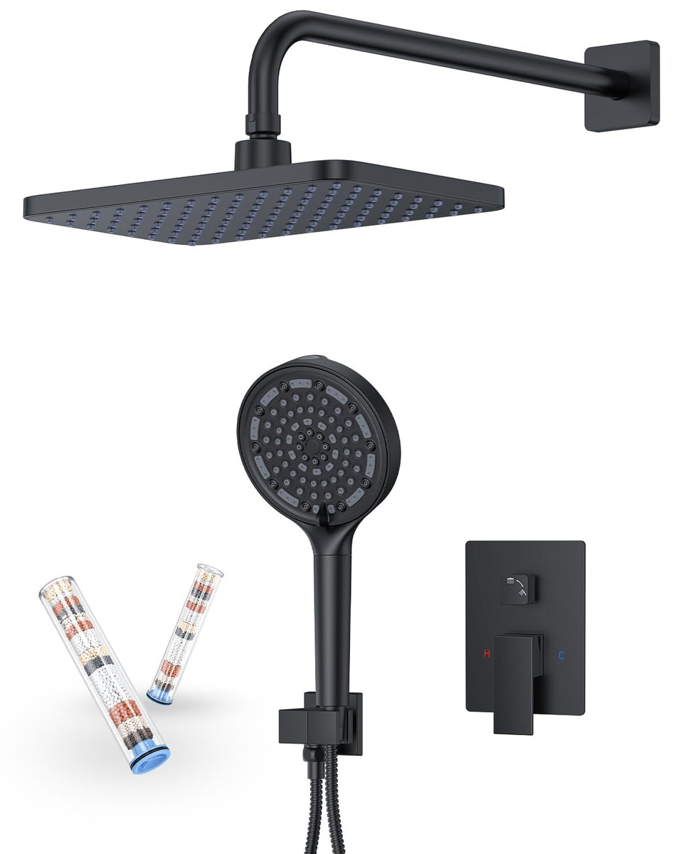 KOJOX matte black 11-inch rainfall shower head offers a spa-like rainfall experience.