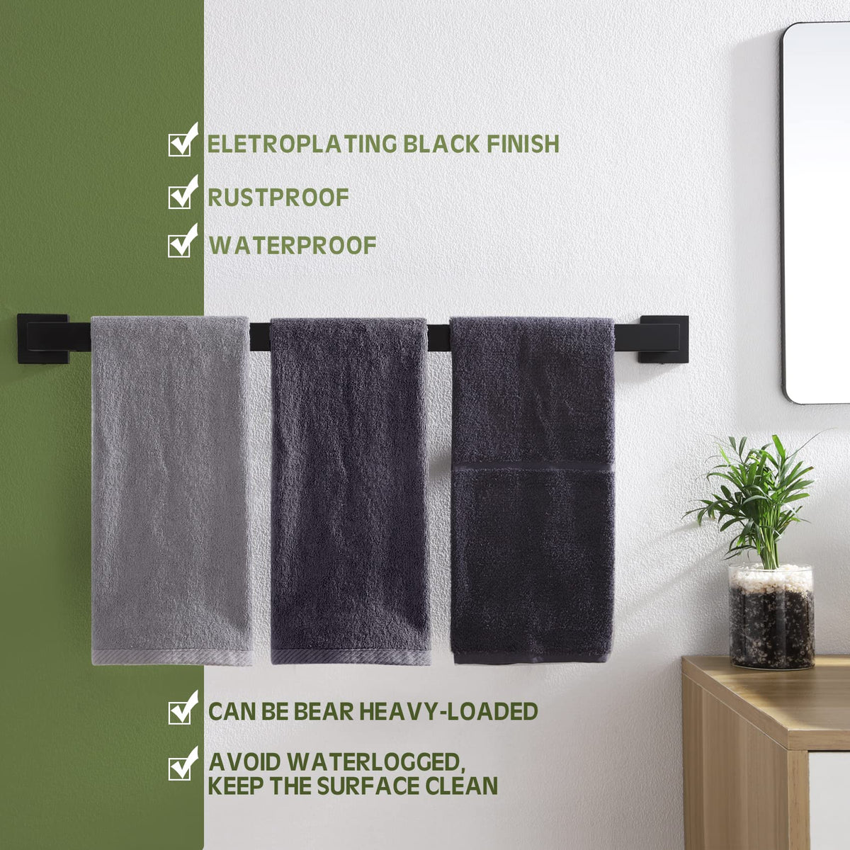 KOKOSIRI towel bar dimensions show 32-inch bar length