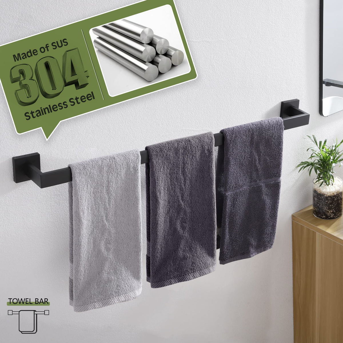 KOKOSIRI towel bar on wall with matte black finish