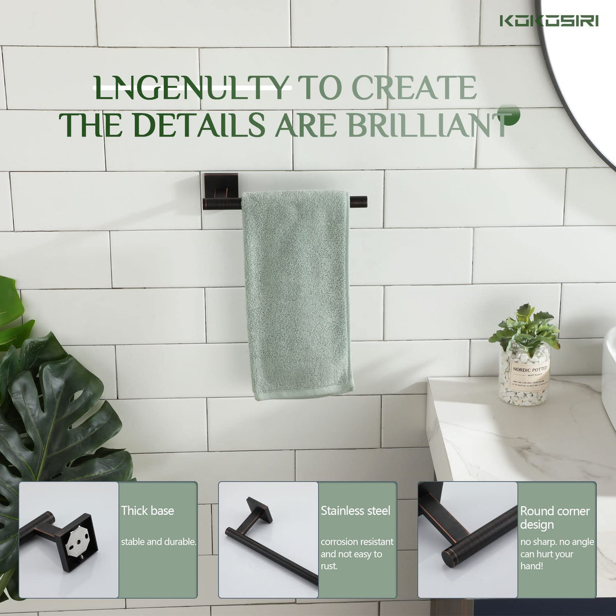 KOKOSIRI one-piece towel bar design simplifies installation and reduces setup time.