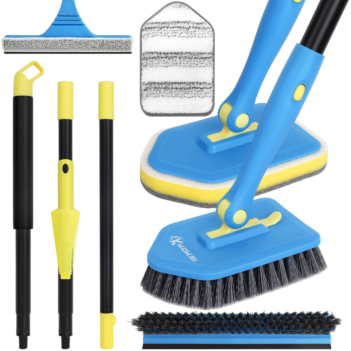 Koksi tile-tub-scrubber-brush-5-heads cleans grout and tiles with stiff bristles.