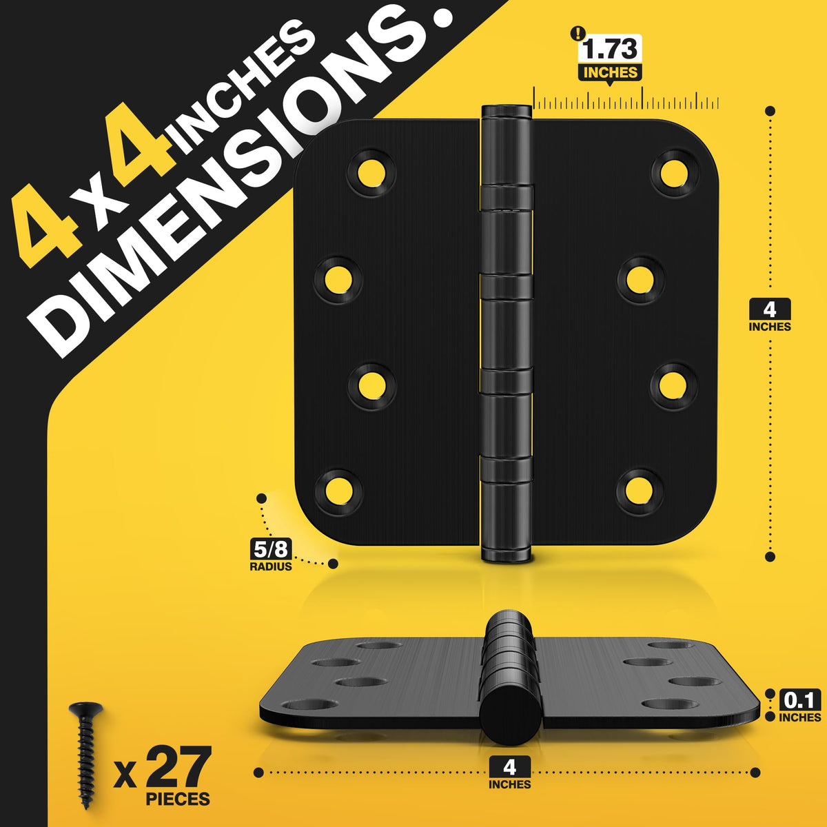Kolet 4x4 inch matte black hinge front view with sturdy stainless steel finish.