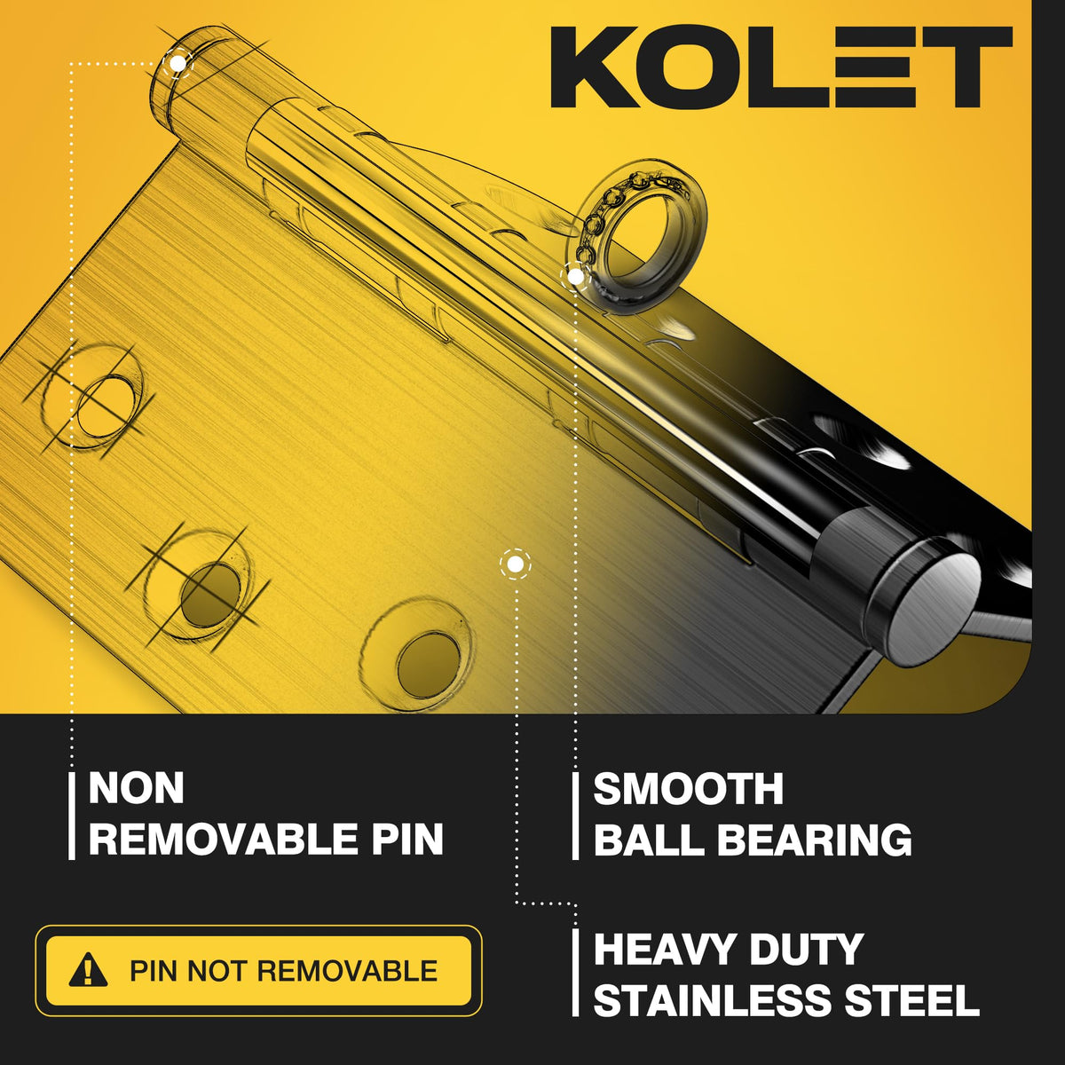 Kolet heavy-duty stainless steel hinge suitable for interior or exterior use.