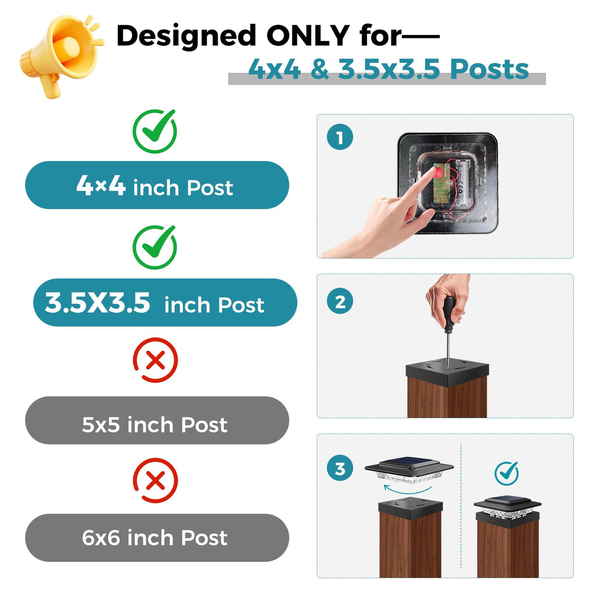 Kolpop solar post cap light on a 3.5x3.5 post showing compatibility