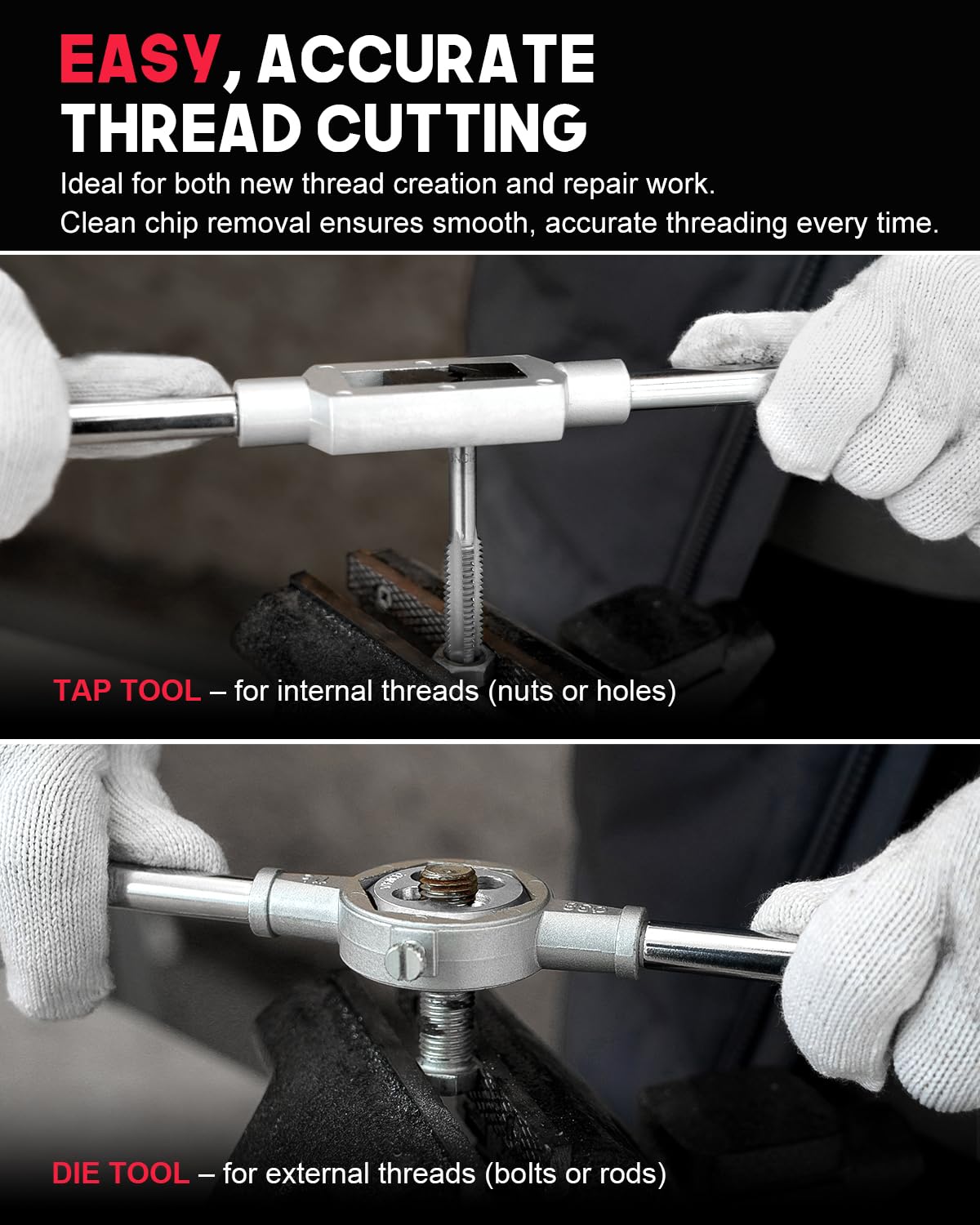 Kolvoii adjustable taps and dies provide secure control for precise repairs.
