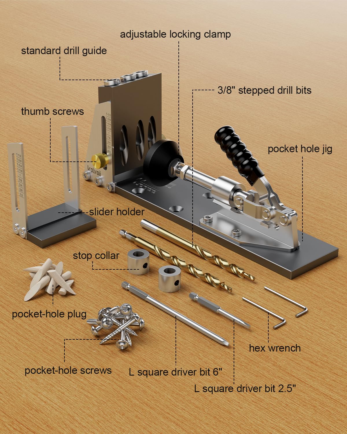 Kolvoii Pocket Hole Jig accessories and case keep tools organized and ready.