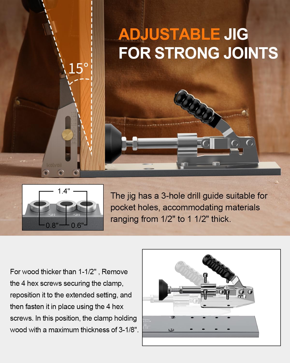 Kolvoii Pocket Hole Jig adjustable guides provide precise hole locations for varied thicknesses.