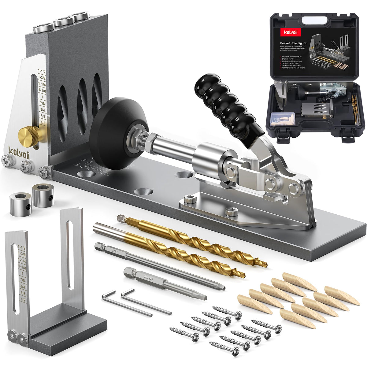 Kolvoii Pocket Hole Jig main unit enables hidden strong joints for furniture projects.