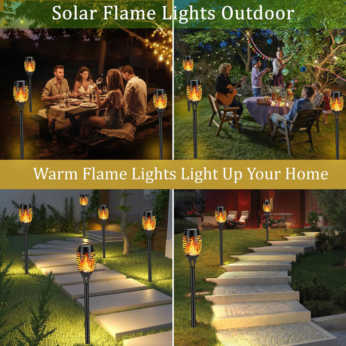 KOLYC dusk-to-dawn solar torches illuminate paths after sunset.