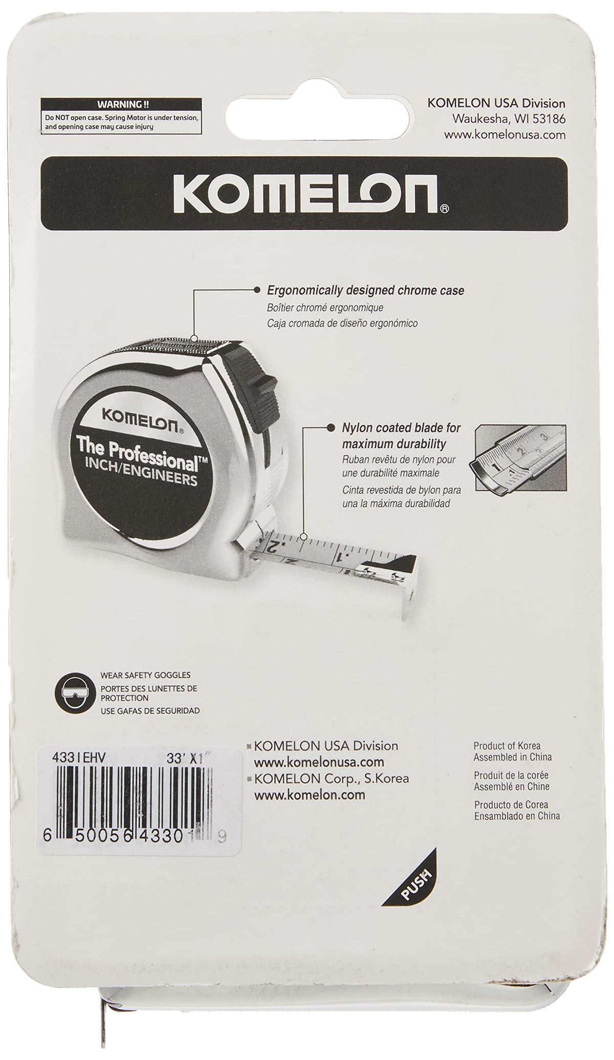 Komelon 433IEHV nylon-coated blade resists wear for long-lasting, smooth tape feel.