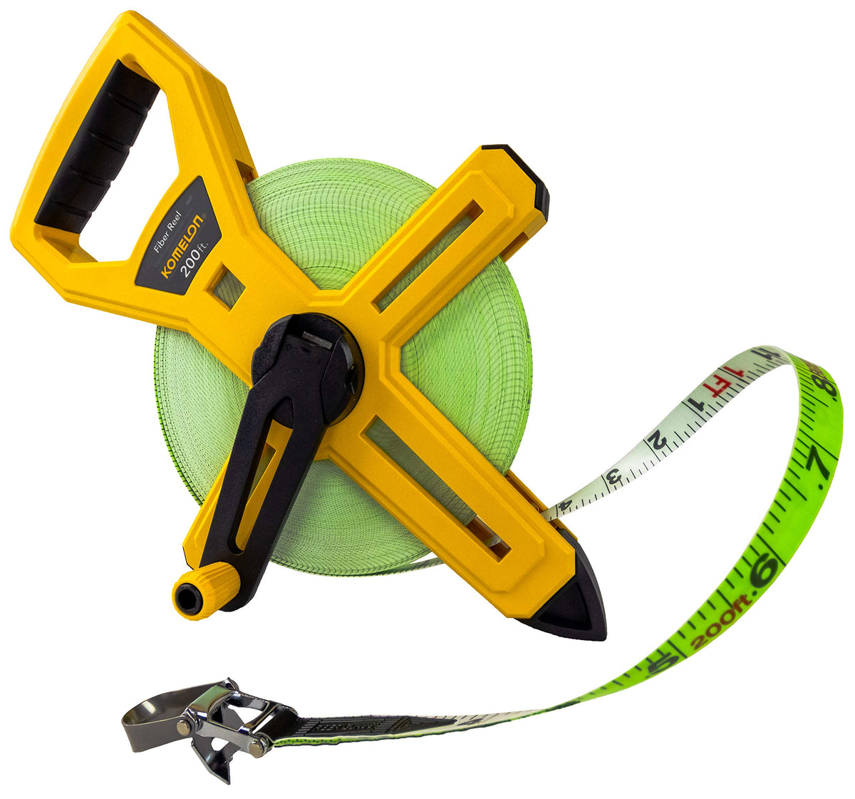 Komelon 6622 open reel tape measure blade close-up for durable, long-distance measurements