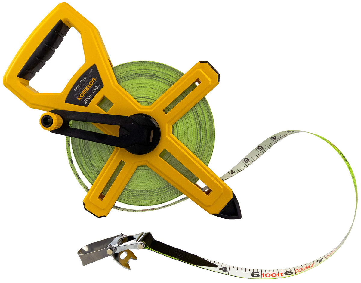 Komelon 6622IM fiber reel tape measure with dual scales for metric and imperial use.