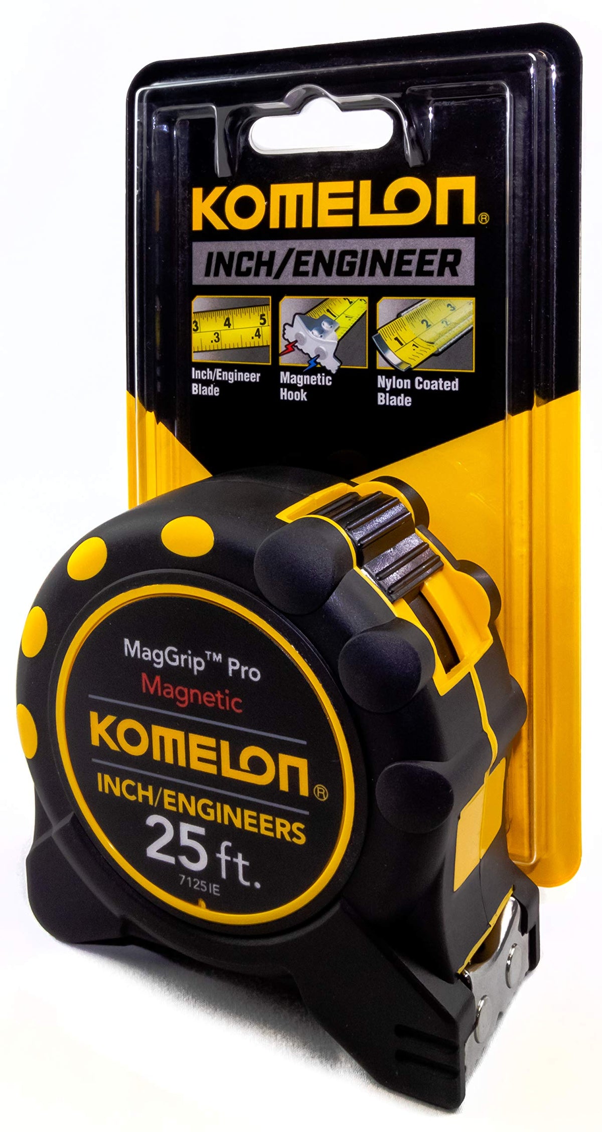 Komelon nylon-coated blade delivers durable readability during daily measuring tasks.