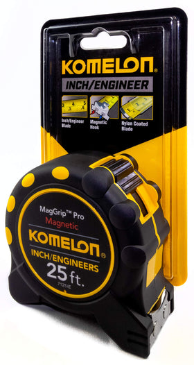 Komelon nylon-coated blade delivers durable readability during daily measuring tasks.