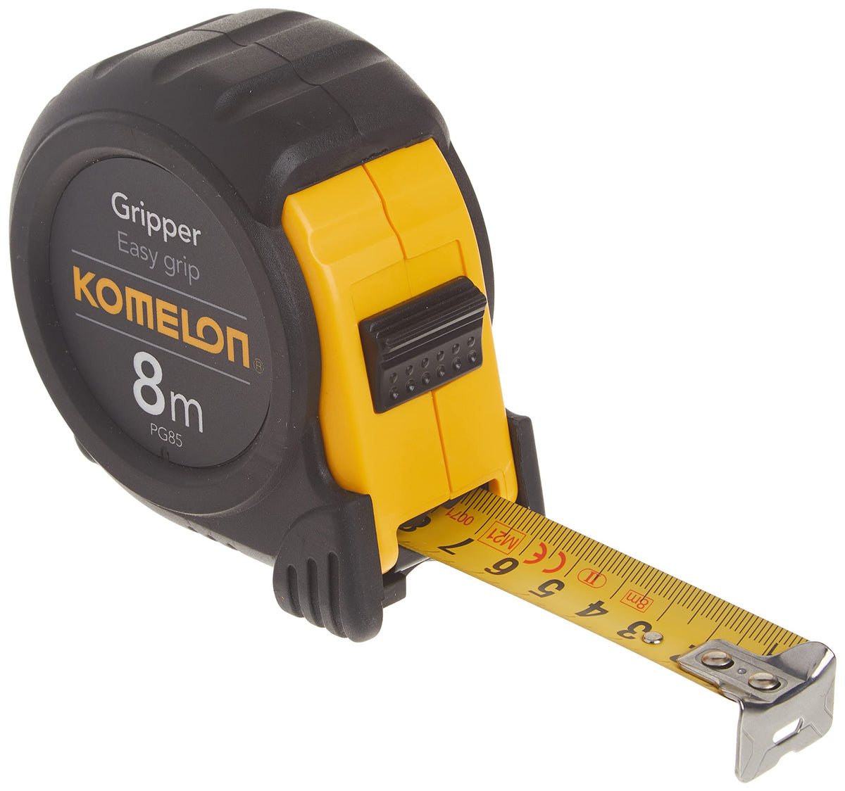 Komelon PG85 8m tape with nylon-coated steel blade for precise metric measurements.
