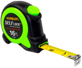 Komelon SL2816 self-lock tape measure with extended blade for precise on-site measurements.