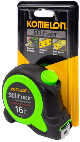 Komelon SL2816 self-lock tape measure featuring a rugged rubberized case for durable daily use.