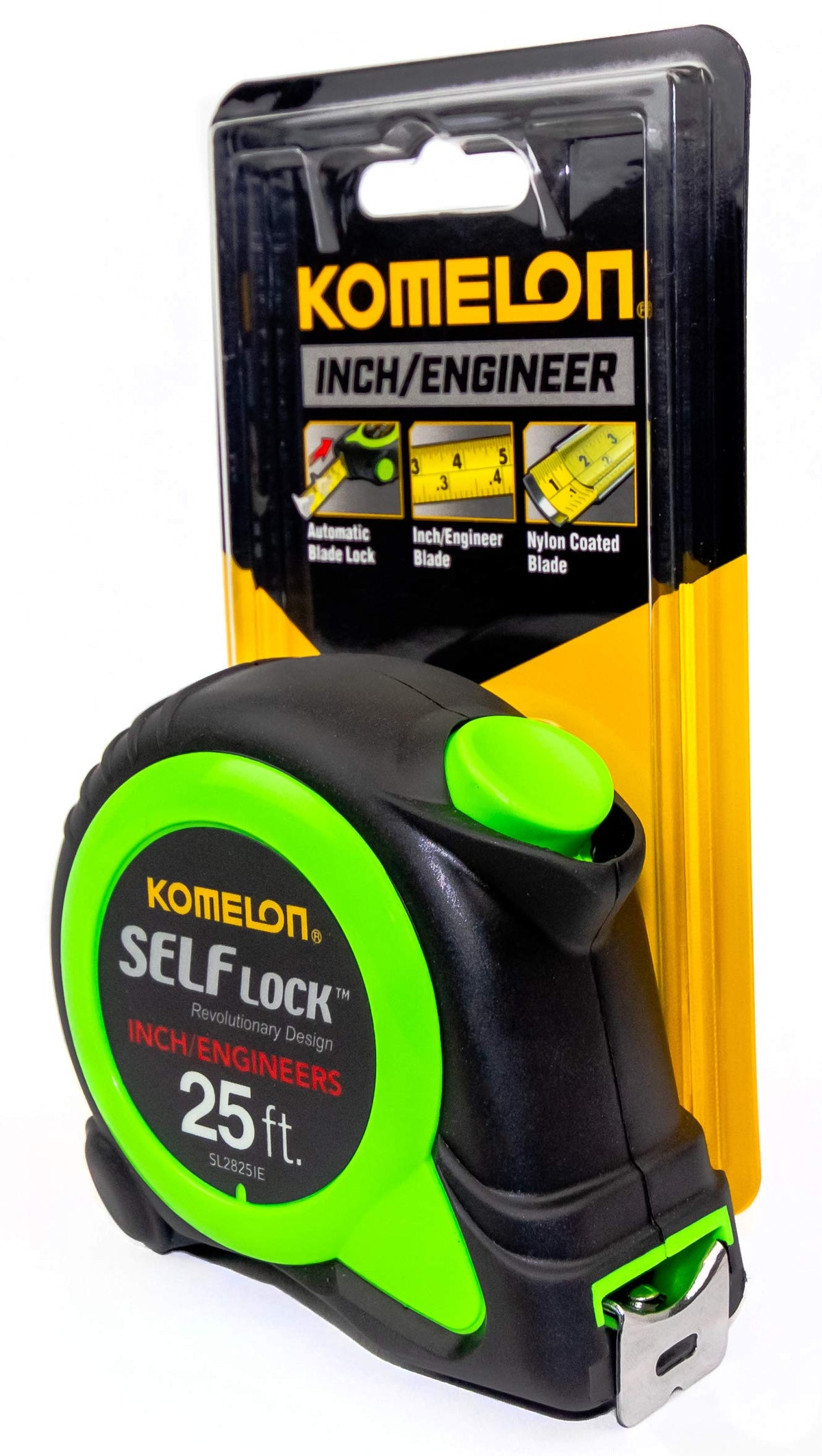 Komelon SL2825IE nylon-coated blade and rubberized case for durability.