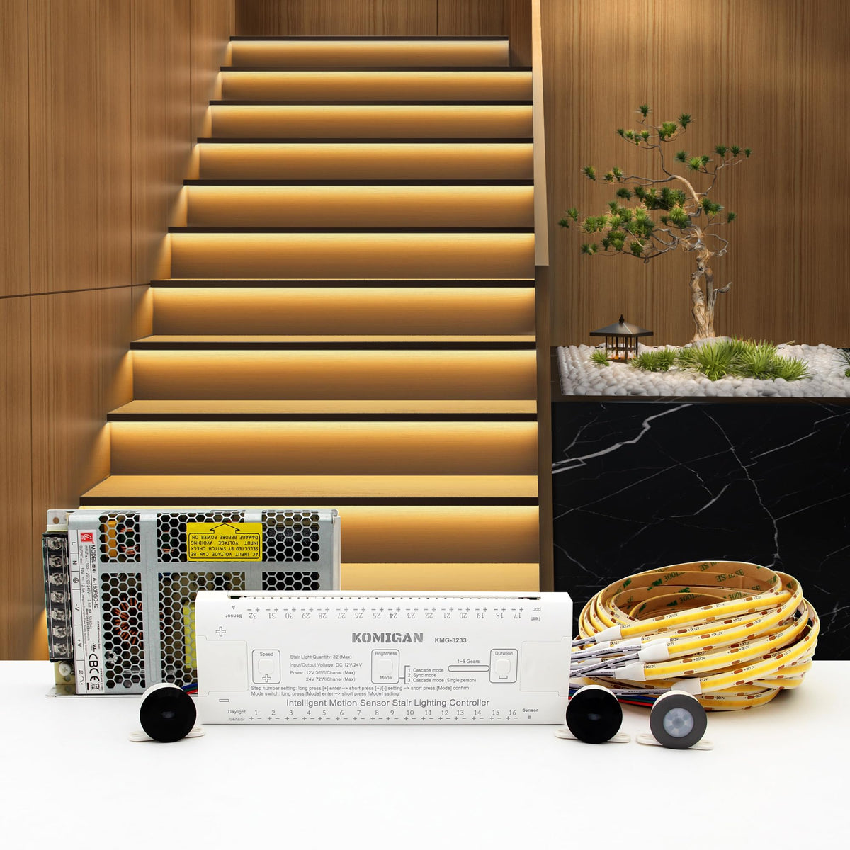 KOMIGAN intelligent motion stair kit with 40 inch strip lighting guides steps